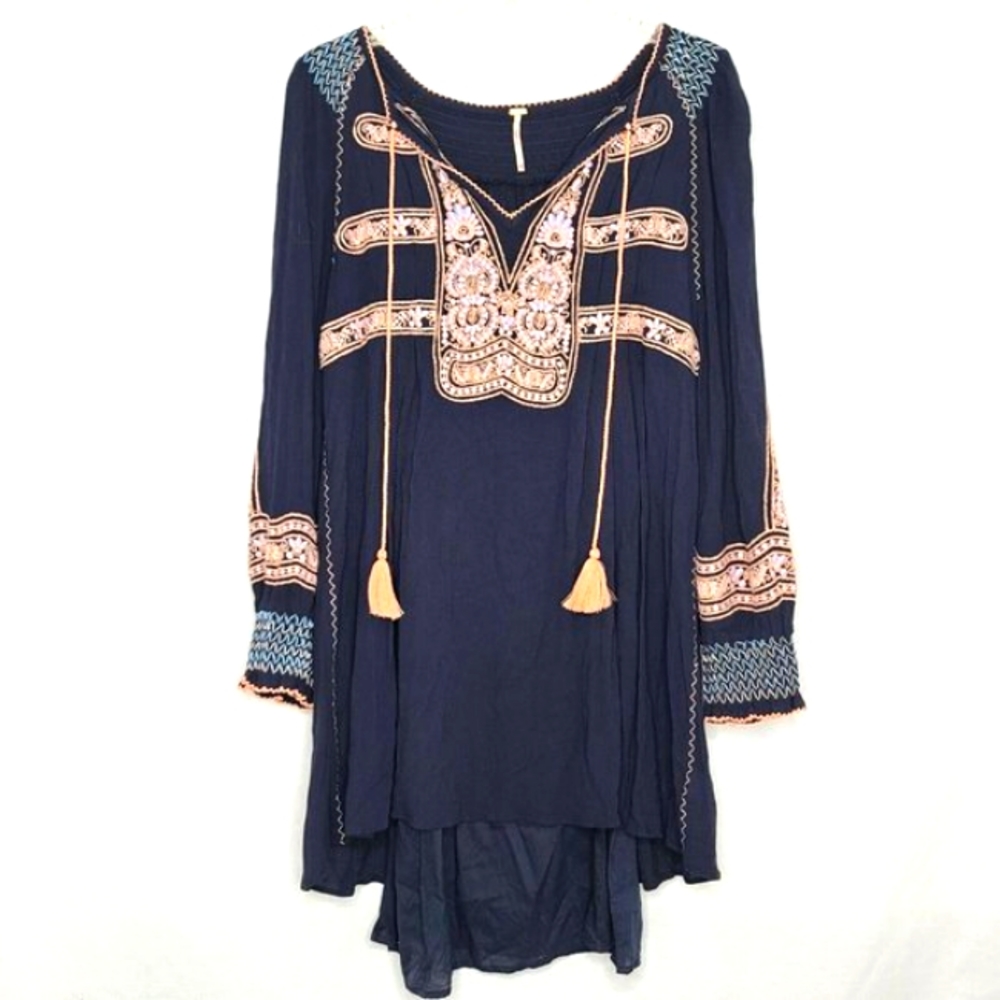 ❤🌼🌲SAVED FOR LAVONNE Free People Embroidered Long Sleeve Tassel Tie Tunic S/P - Picture 5 of 13